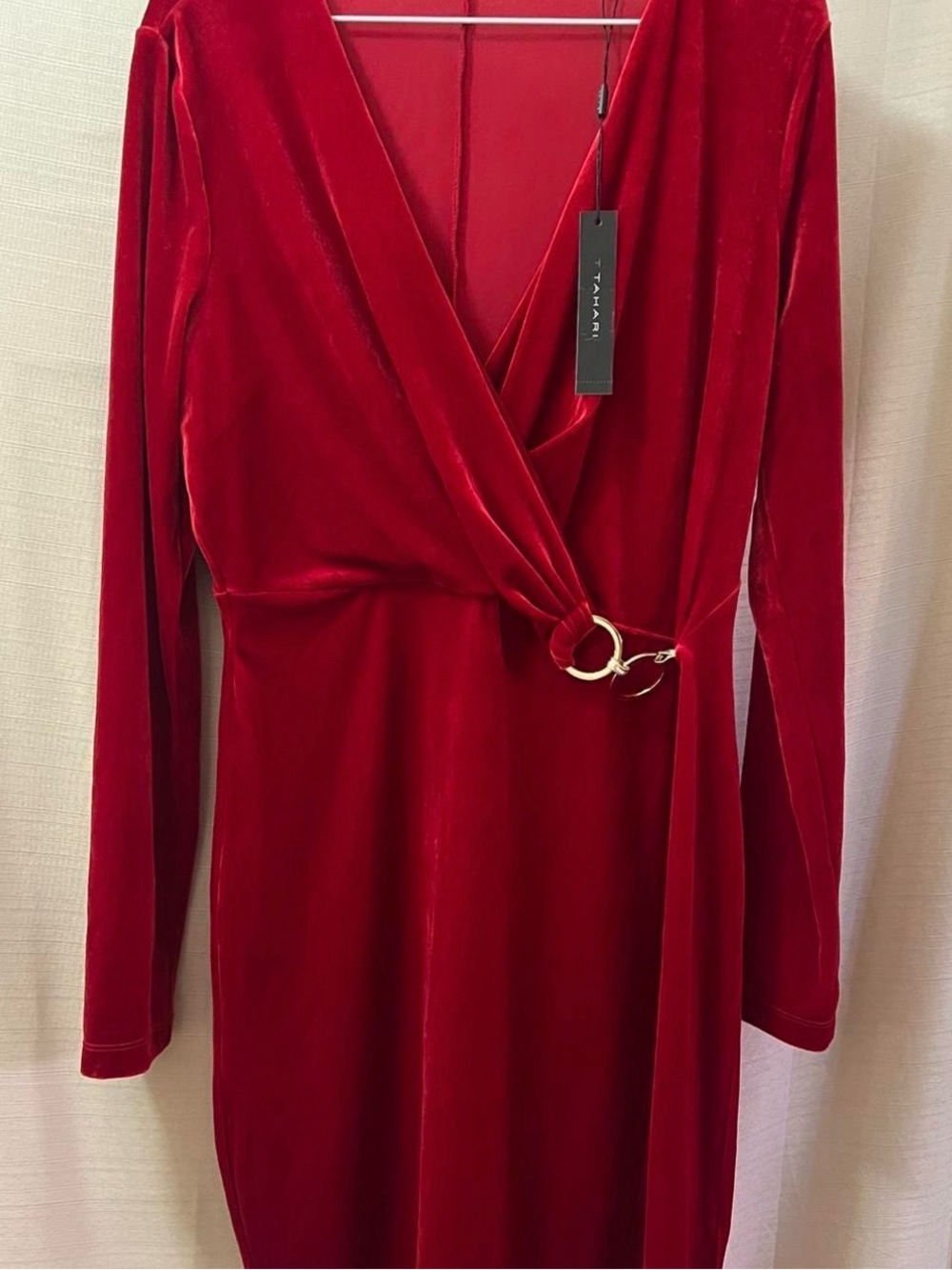 Tahari Red Velvet Wrap Dress Gold Ring Hardware Long Sleeve Cocktail Party